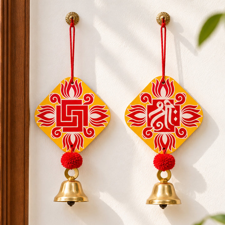 2 Pc | Handcrafted Shree Swastik MDF Door Hangings With Bells & Pom-Poms