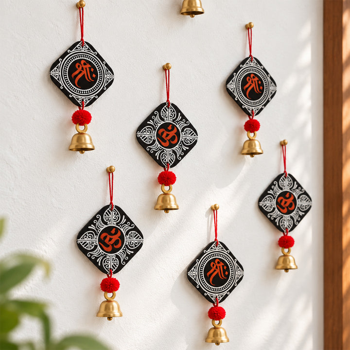 2 Pc | Handcrafted Om Shree MDF Door Hangings with Bells & Pom-Poms