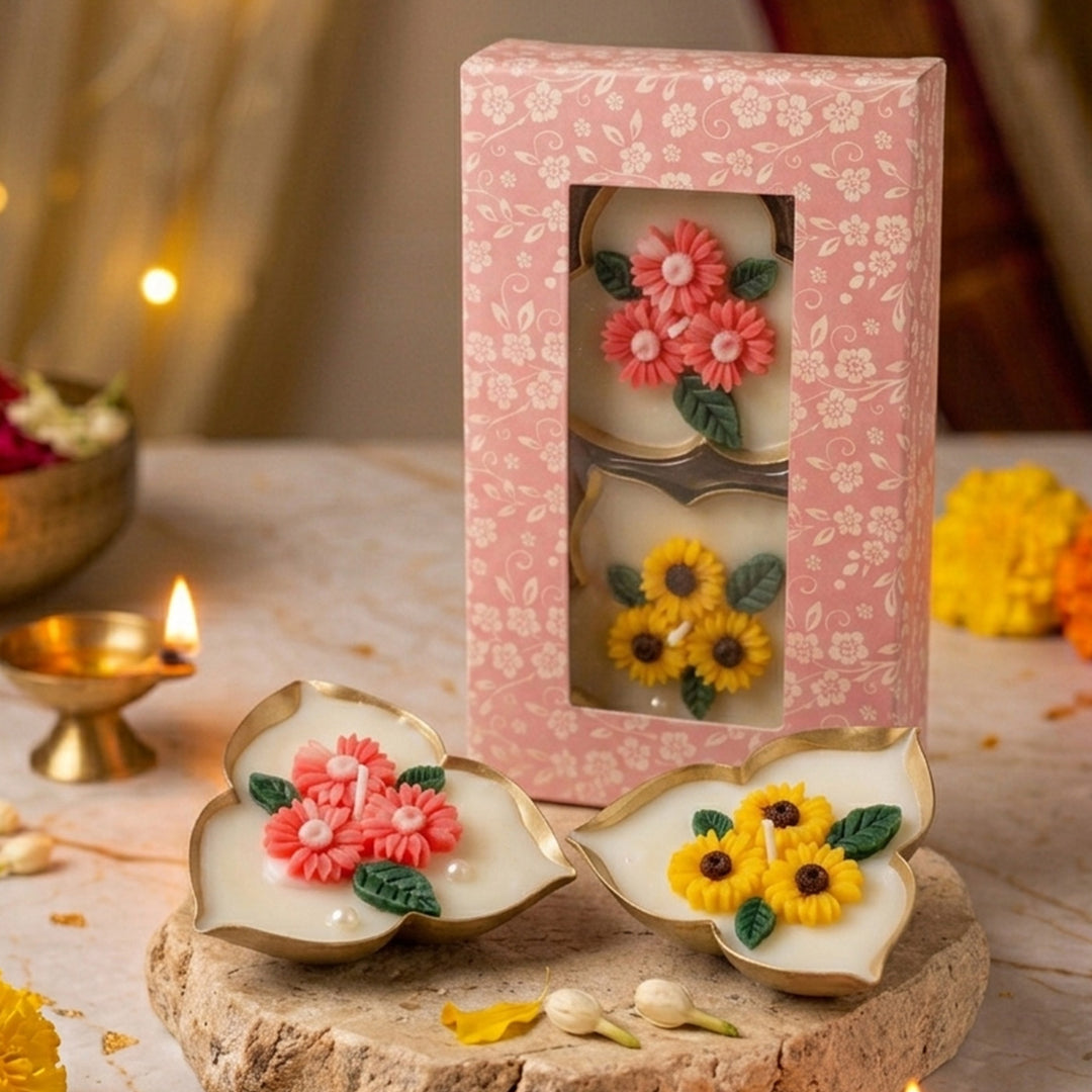 2 pc | Handmade Tri-Deep Mini Daisy & Sunflower Design Metal Urli Soy Wax Scented Candle For Festive Decor