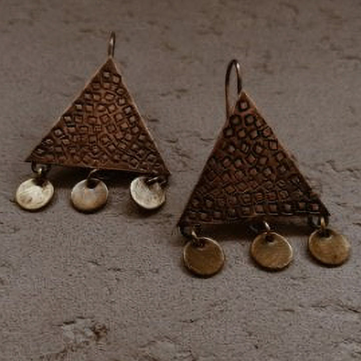 Handmade Triangular Shape Square Texture Copper Earrings