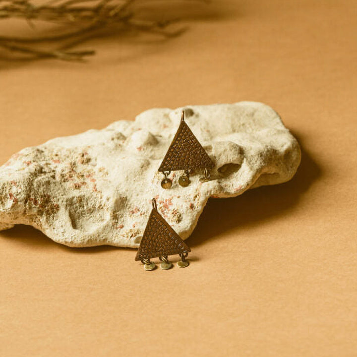 Handmade Triangular Shape Square Texture Copper Earrings