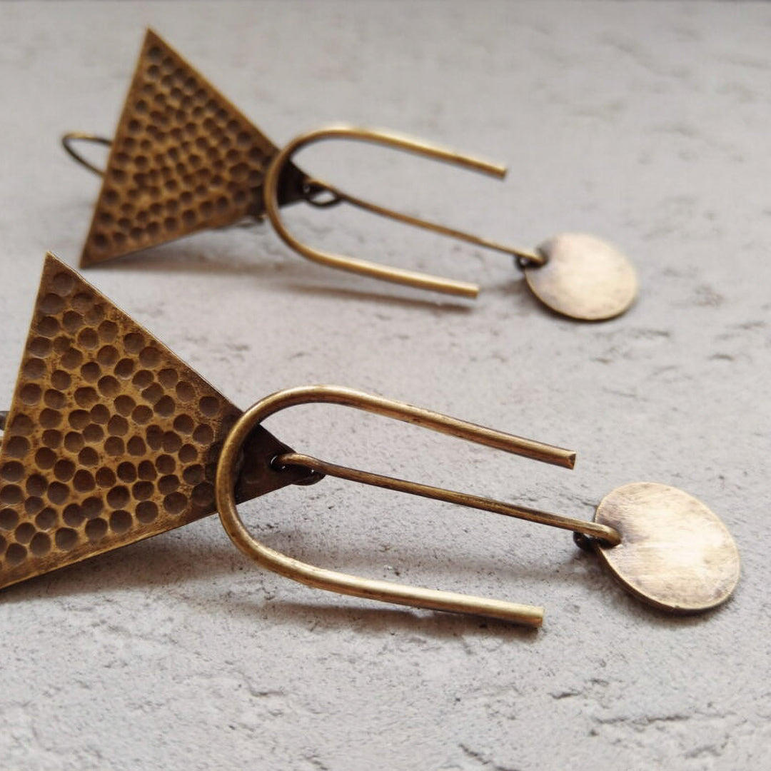 Handmade Triangular Horse Shoe Disc Embellishment Brass Earrings