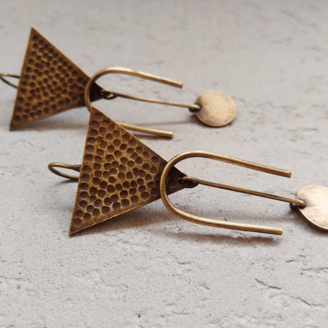 Handmade Triangular Horse Shoe Disc Embellishment Brass Earrings
