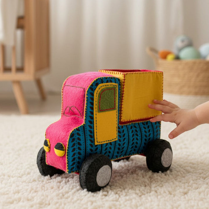 Handmade Blue & Yellow Truck Toy with Detachable Storage Box