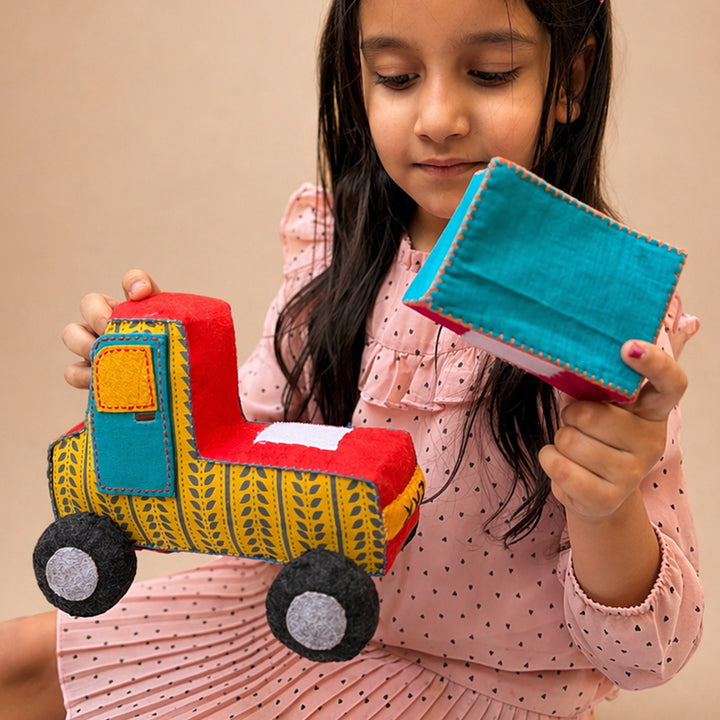 Handmade Yellow & Teal Truck Toy with Detachable Storage Box
