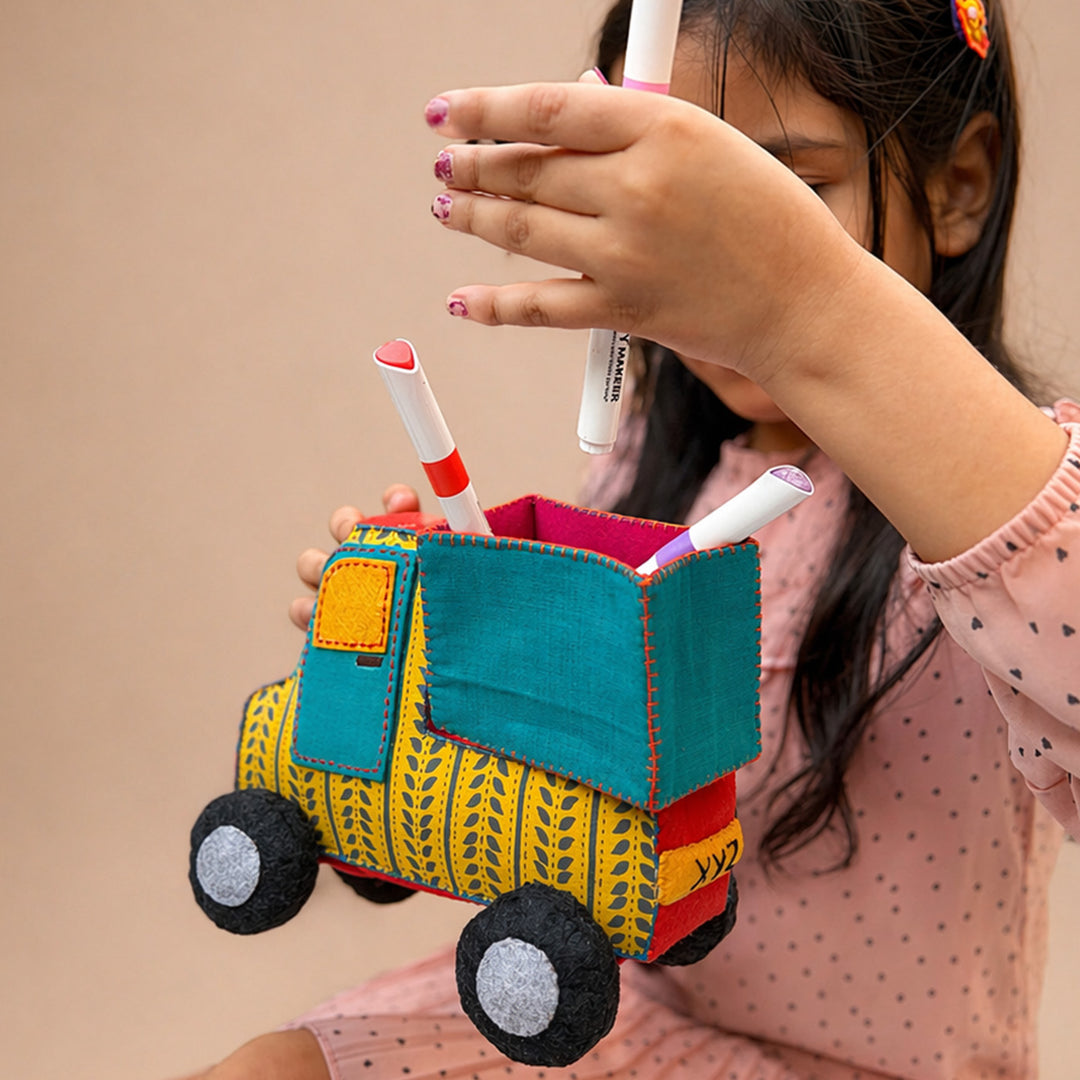 Handmade Yellow & Teal Truck Toy with Detachable Storage Box