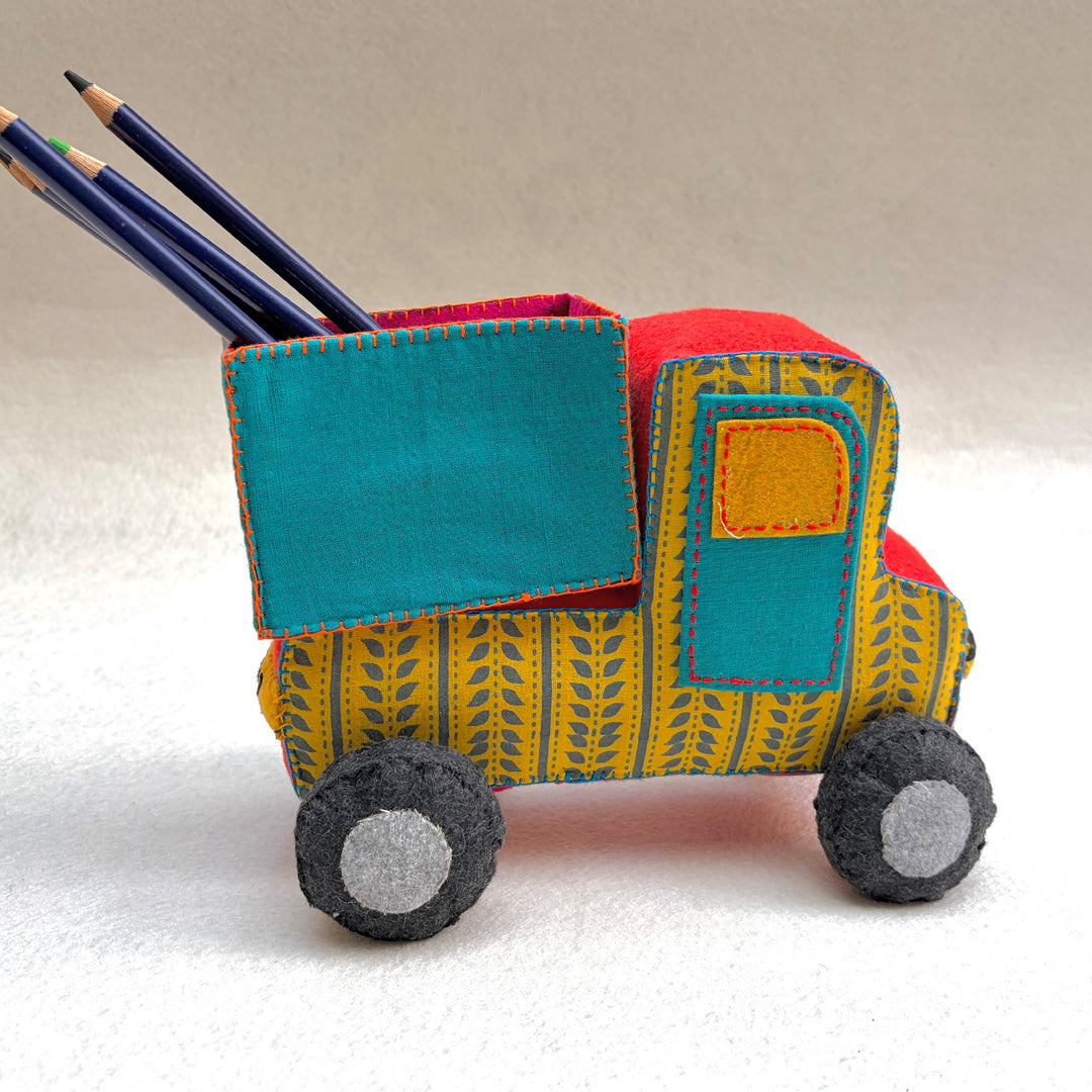 Handmade Yellow & Teal Truck Toy with Detachable Storage Box
