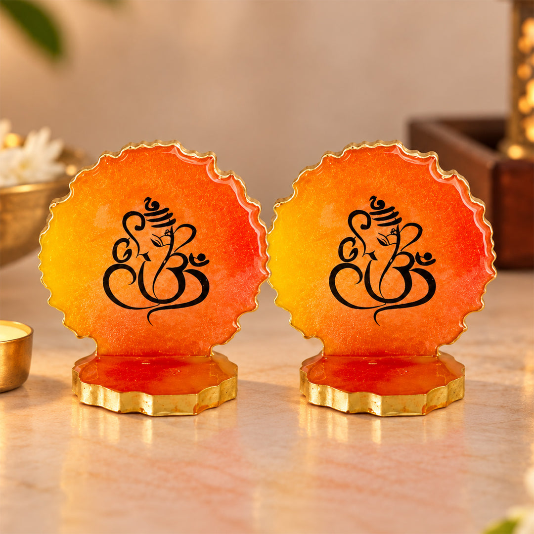 Orange Ombre Lord Ganesha Line Art Resin Tealight Holder with Gold Edge