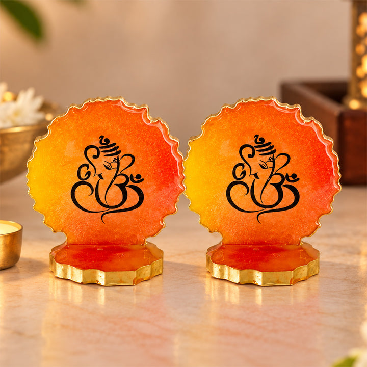 Orange Ombre Lord Ganesha Line Art Resin Tealight Holder with Gold Edge