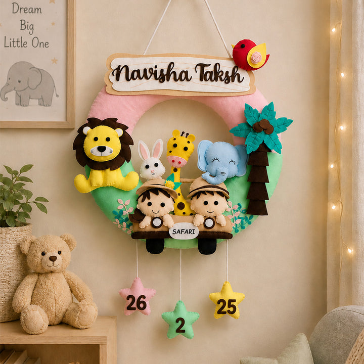 Personalized Jungle Safari Kids Felt Nameplate With Date Of Birth