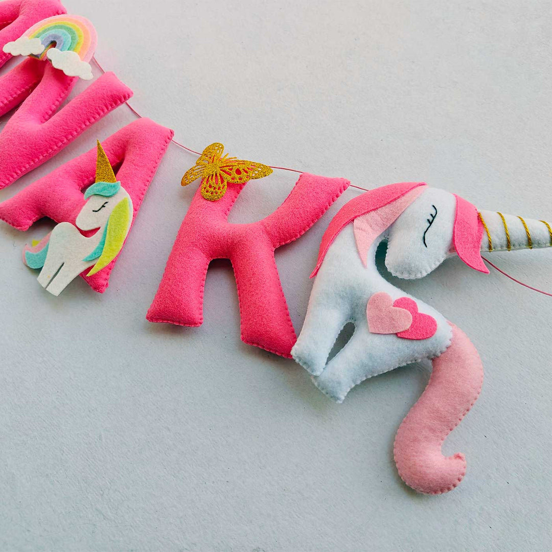 Handcrafted Personalized Unicorn Theme Felt Bunting 1 - Close-up of Hanging Garland Letters