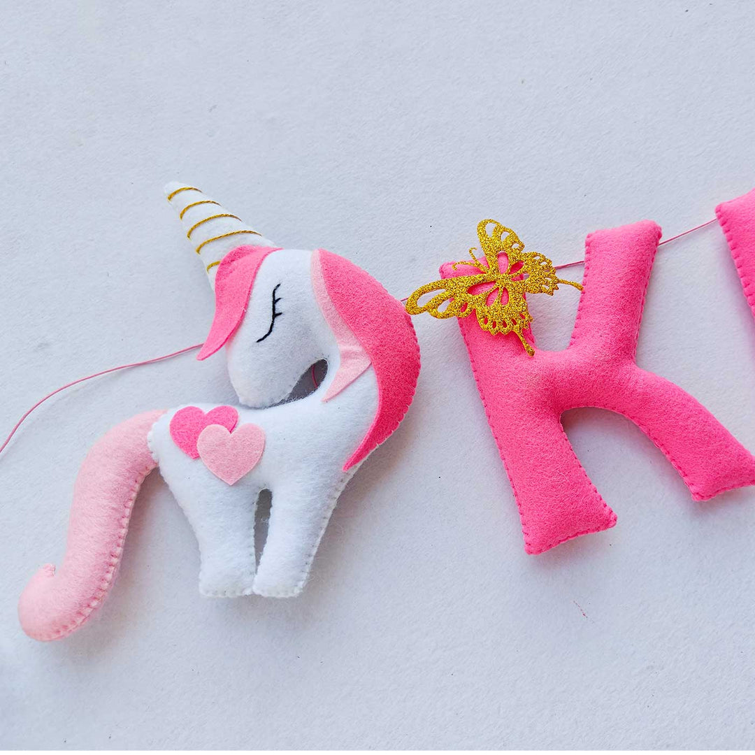 Handcrafted Personalized Unicorn Theme Felt Bunting 1 - Hanging Decorative Banner Close-up