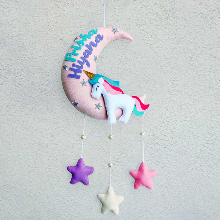 Handmade Personalized Felt Kids Name Hanging - Unicorn On The Moon