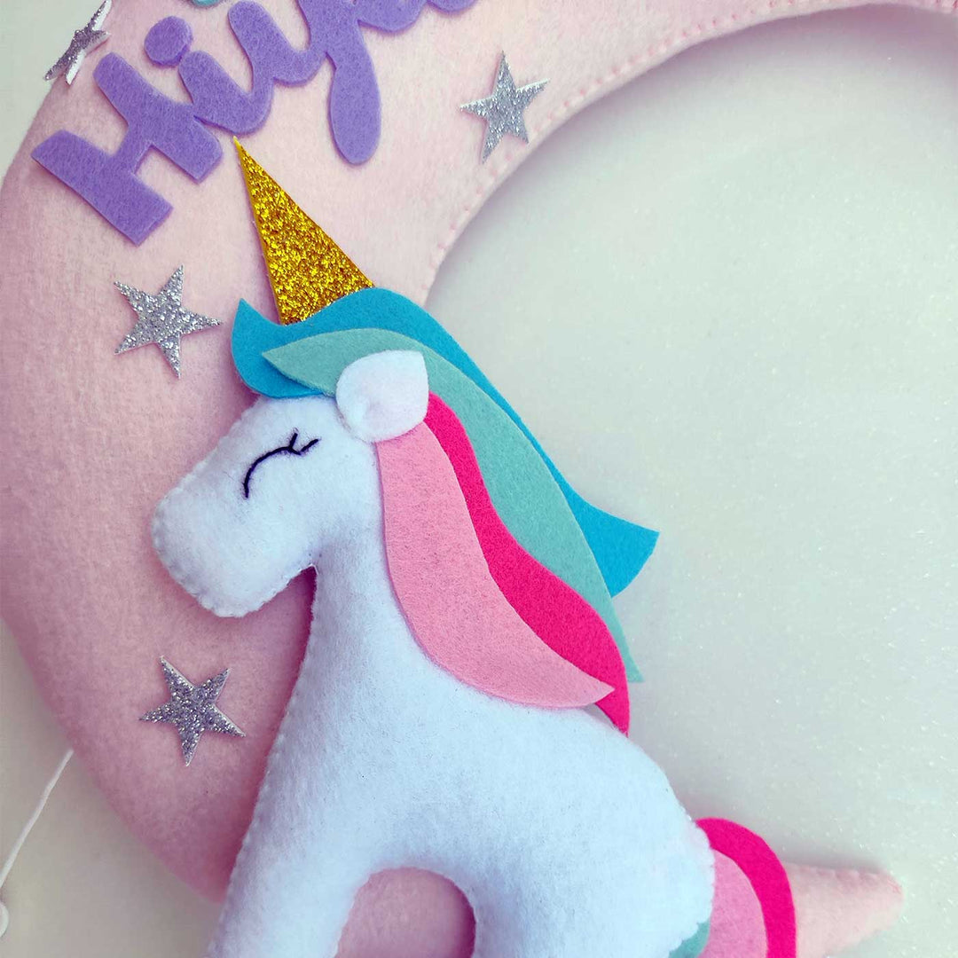 Handmade Personalized Felt Kids Name Hanging - Unicorn On The Moon