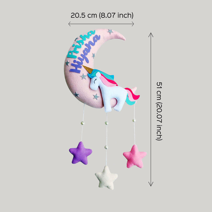 Handmade Personalized Felt Kids Name Hanging - Baby Unicorn On Moon