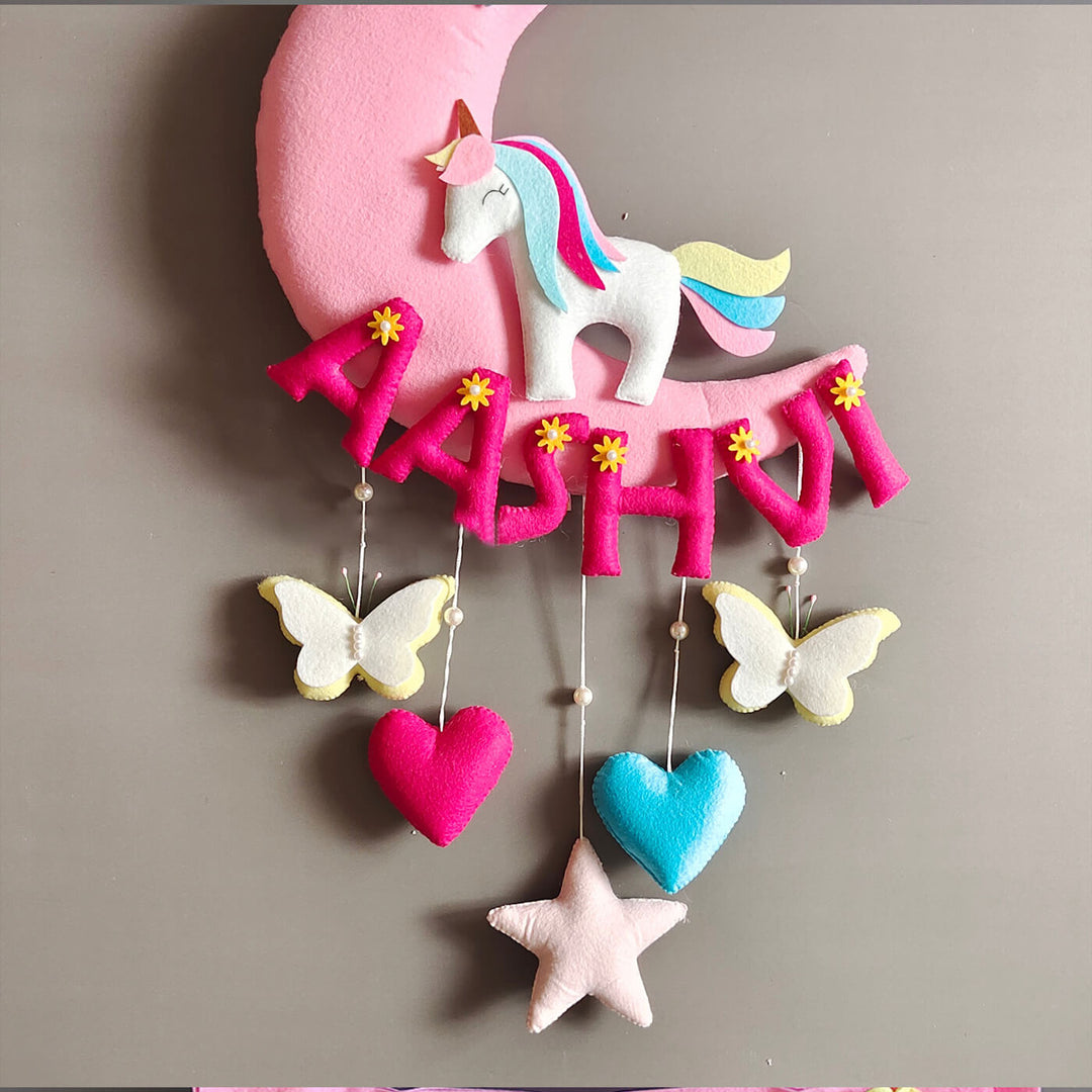 Hand-stitched Unicorn Themed Felt Moon Nameplate