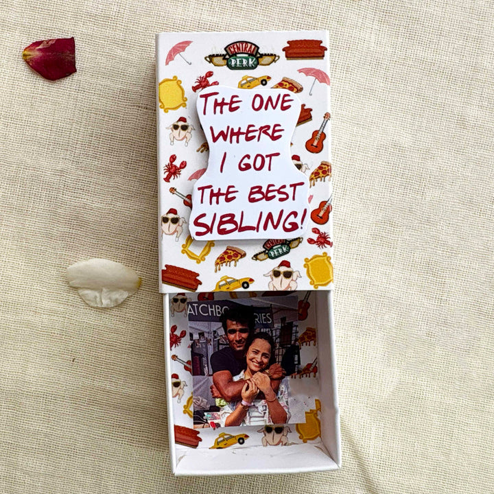Personalized Photo "Friends" Theme Rakhi Gift for Brother | Rakhi, Matchbox Card & Photo Magnet Combo