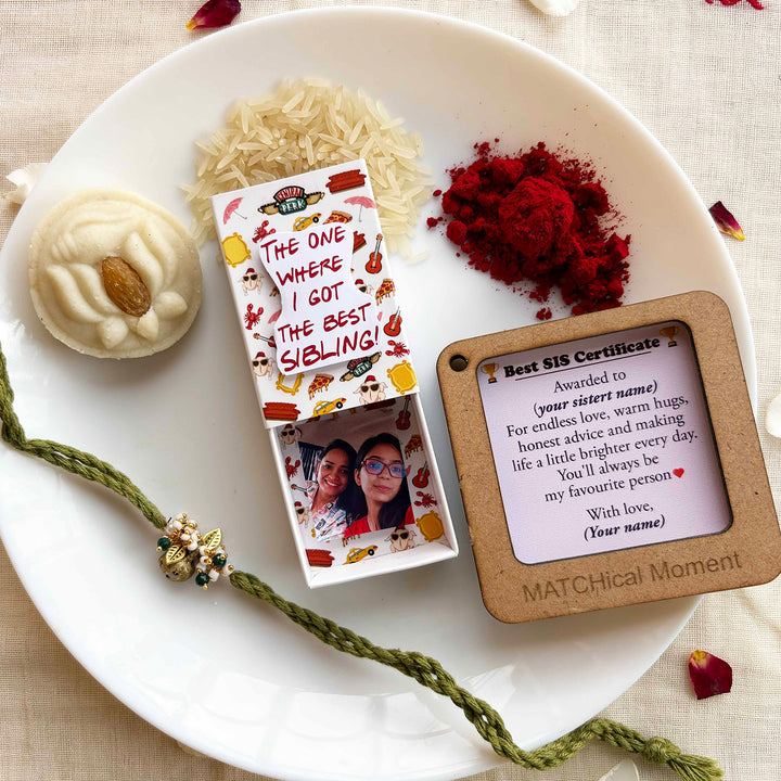 Personalized Photo "Friends" Theme Rakhi Gift for Sister | Rakhi, Matchbox Card & Photo Magnet Combo