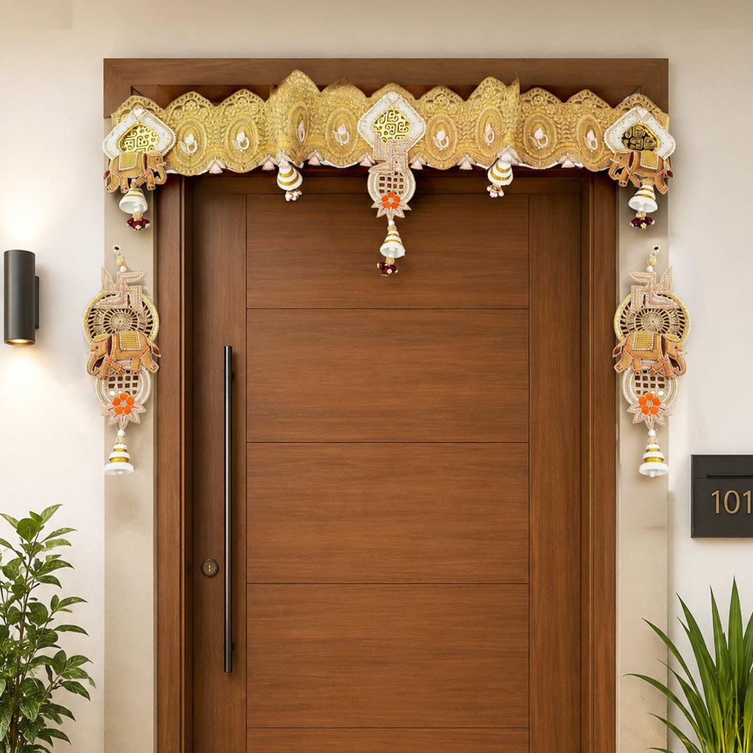 Elephant Swastik Handmade Jute Toran With Hangings