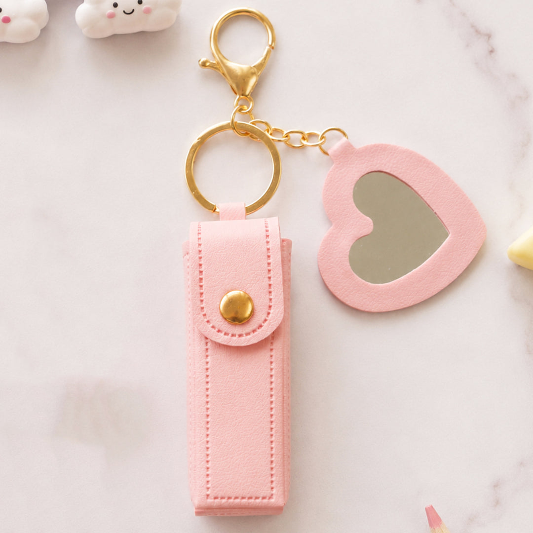 Pink Faux Leather Lipstick Holder Bag Charm With Keyring