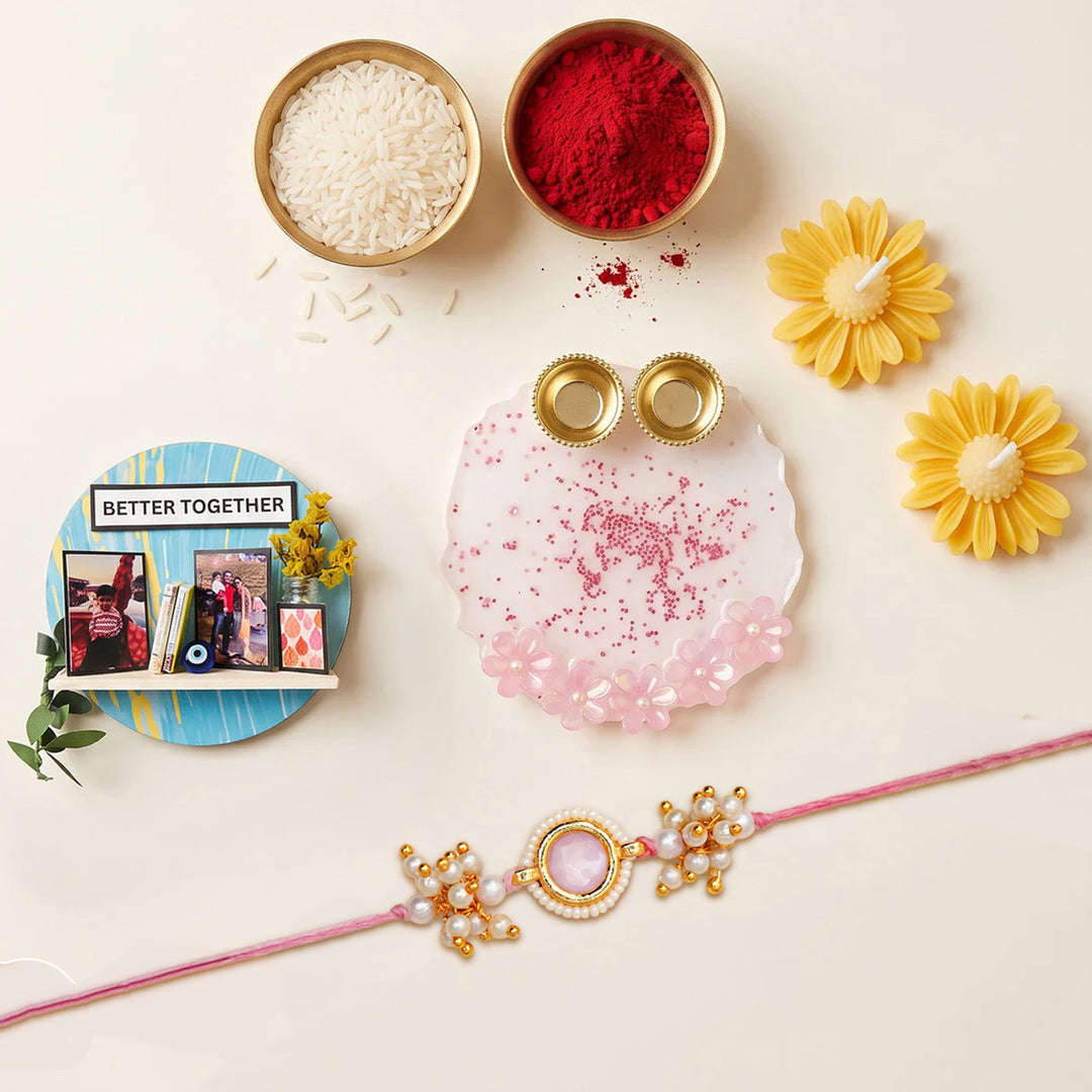 Handmade Rakhi Bliss Hamper With Candles, Platter & Personalized Magnet For Brother