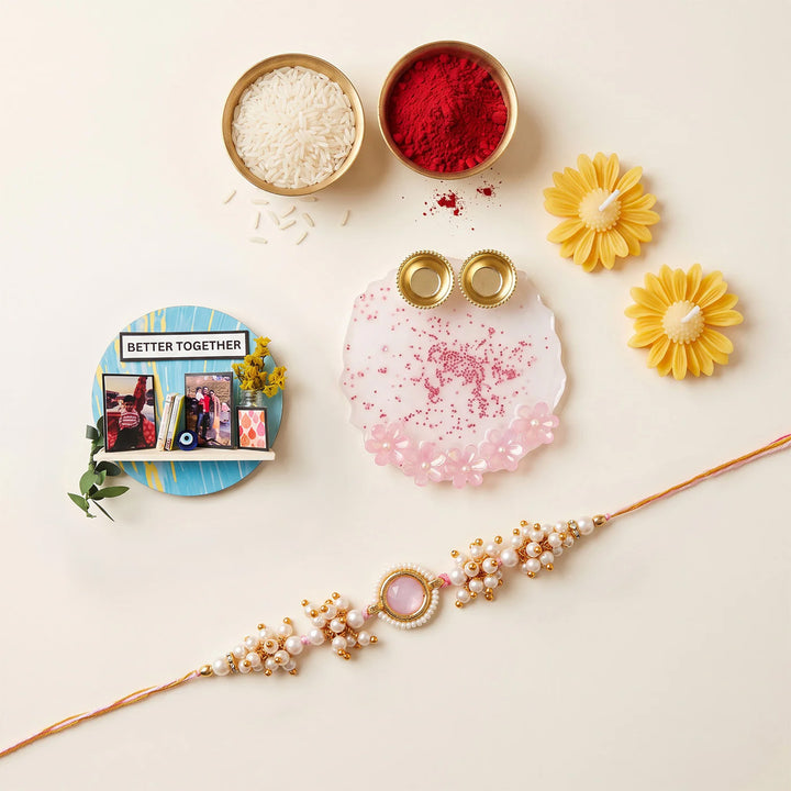 Handmade Rakhi Bliss Hamper With Candles, Platter & Personalized Magnet For Brother
