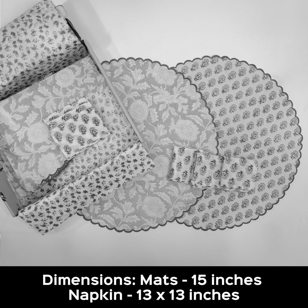 6 Pc | Peach Scalloped Reversible Hand Block Printed Dining Table Mat Set
