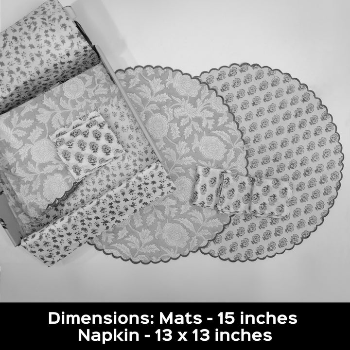 6 Pc | Peach Scalloped Reversible Hand Block Printed Dining Table Mat Set