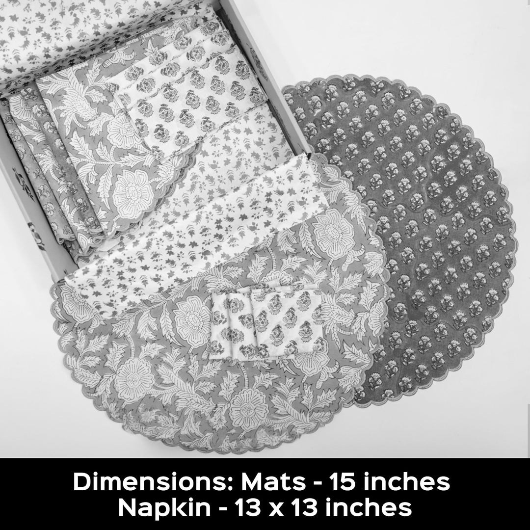 6 Pc | Blue Scalloped Reversible Hand Block Printed Dining Table Mat Set