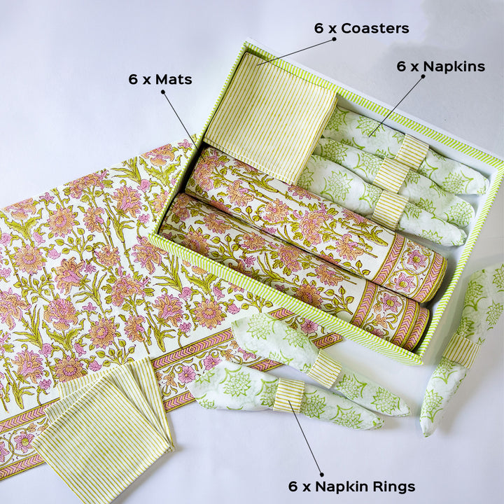 Pink Wildflower Hand Block Printed Table Linen Set