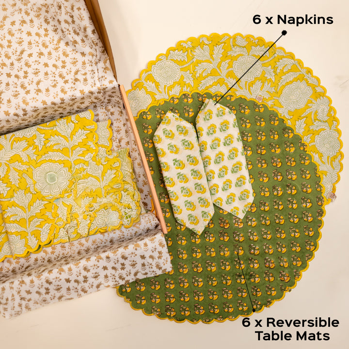 6 Pc | Green Scalloped Reversible Hand Block Printed Dining Table Mat Set