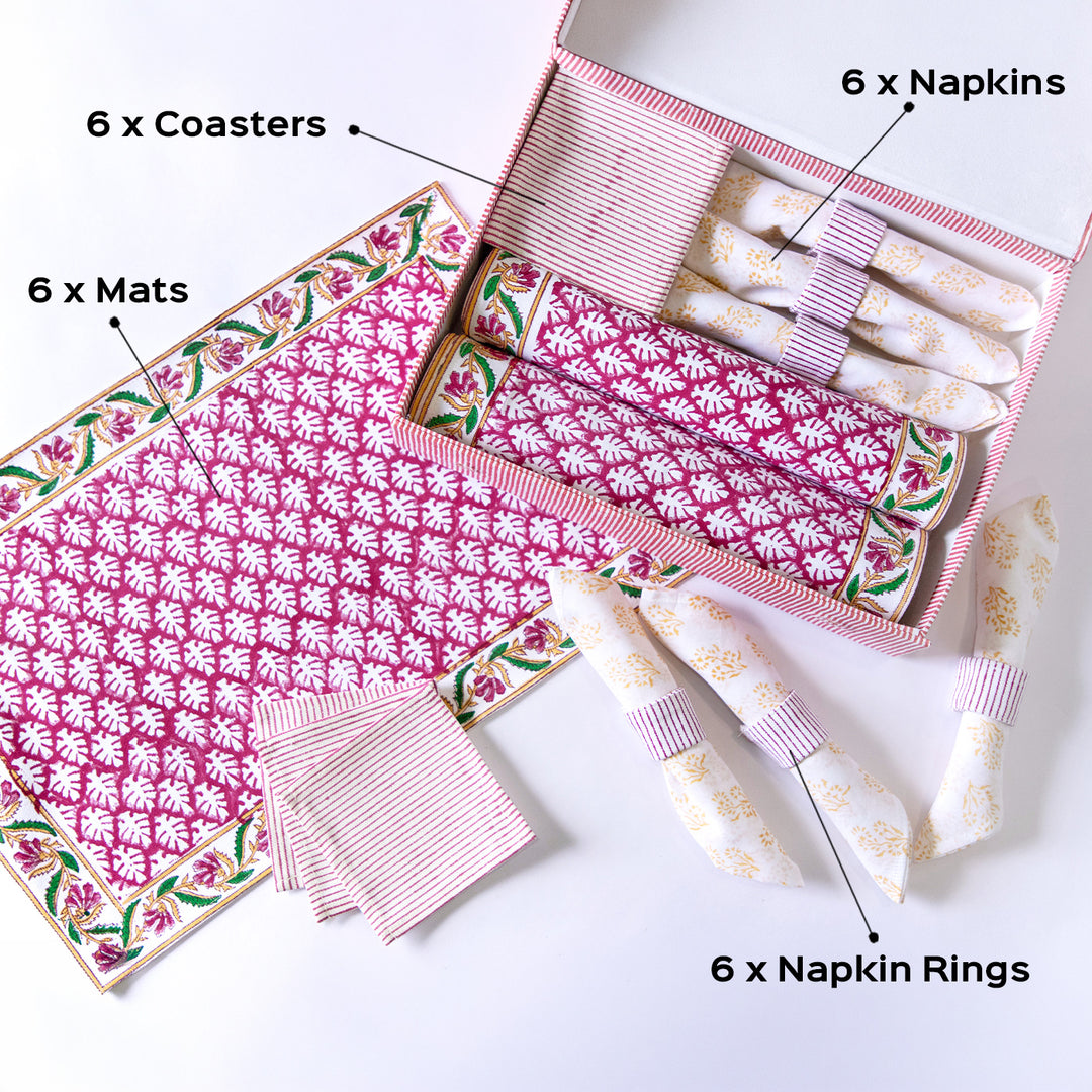 Pink Petals Hand Block Printed Table Linen Set