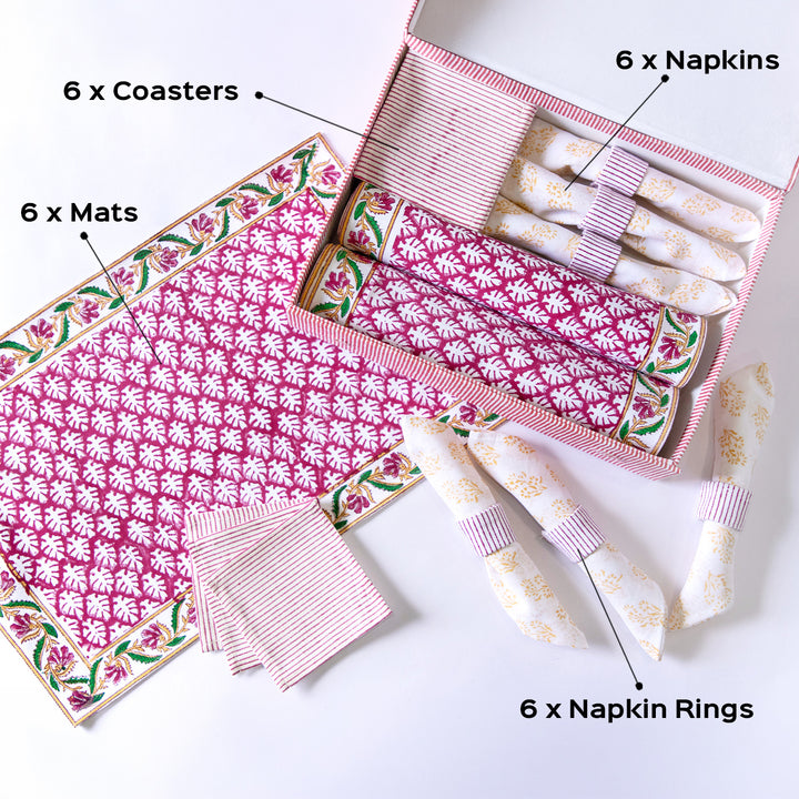 Pink Petals Hand Block Printed Table Linen Set