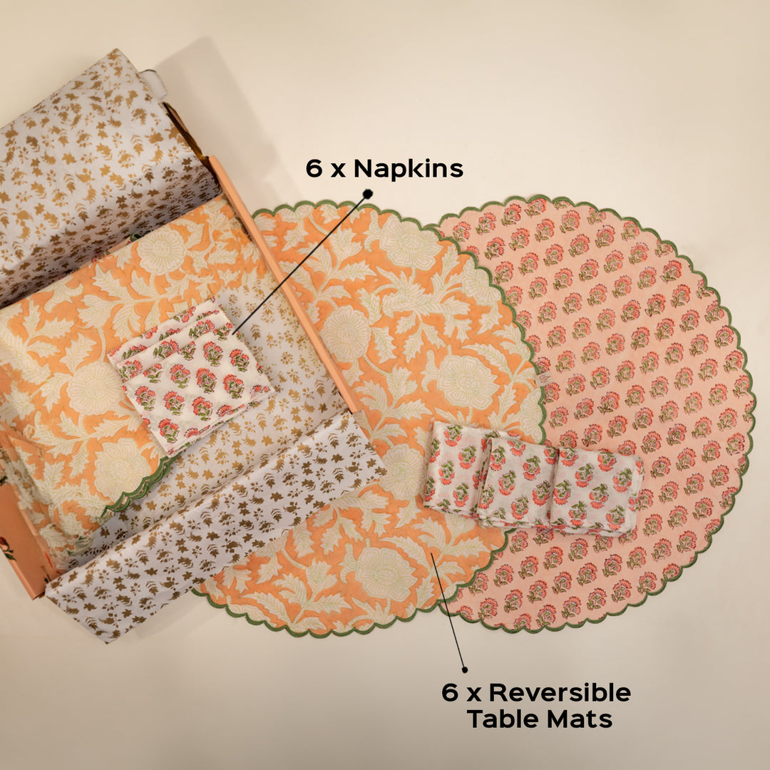 6 Pc | Peach Scalloped Reversible Hand Block Printed Dining Table Mat Set