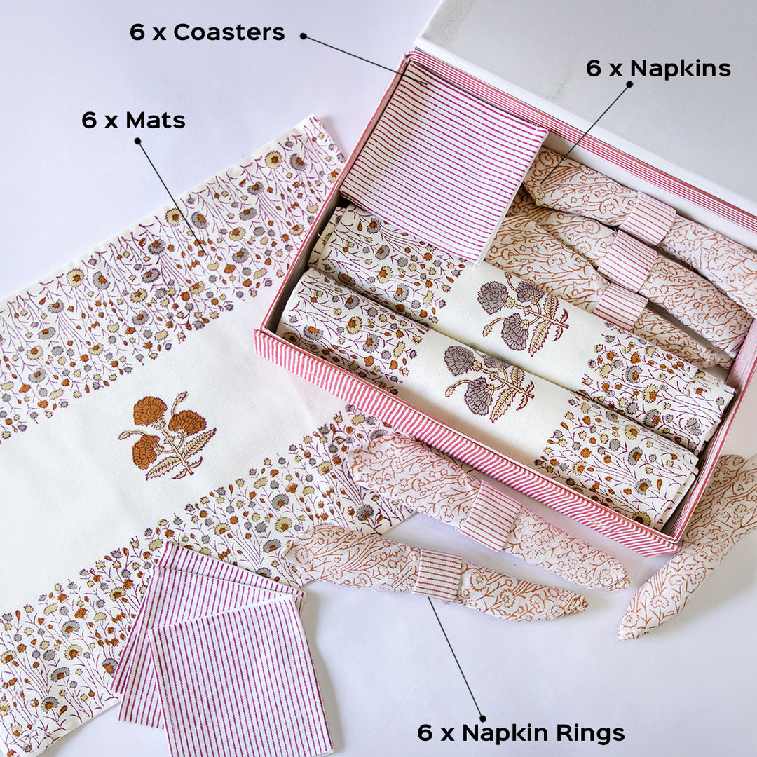 Chocolate Pansy Hand Block Printed Table Linen Set