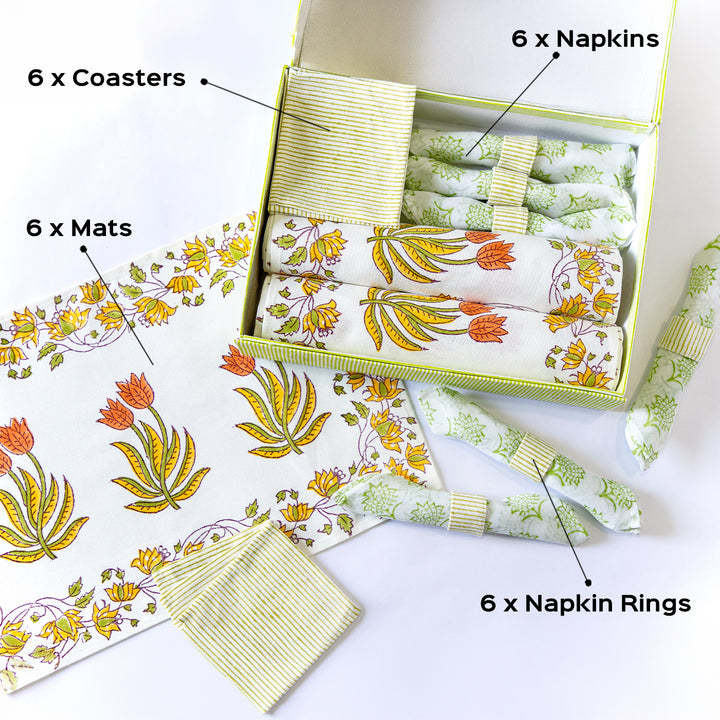 Orange Blossom Hand Block Printed Table Linen Set