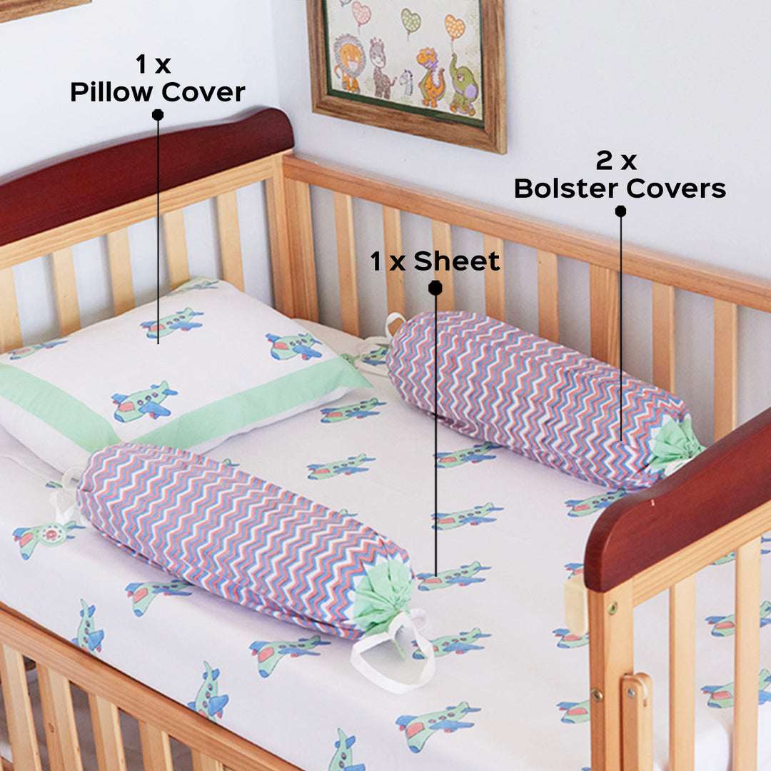 Flying Machine Hand Block Printed Baby Bedding Cot Set