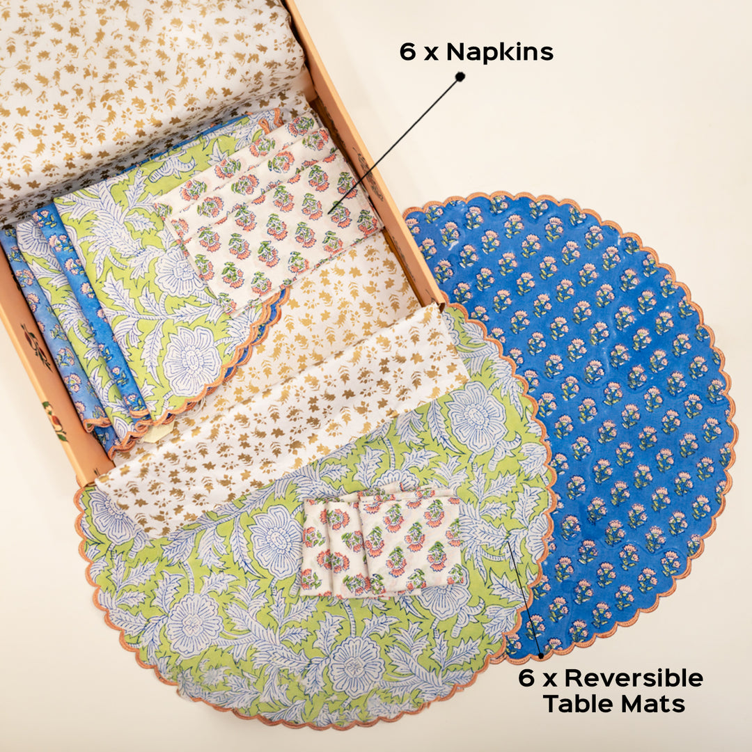 6 Pc | Blue Scalloped Reversible Hand Block Printed Dining Table Mat Set