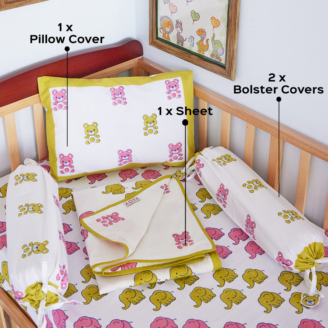 Tiny Teddy Hand Block Printed Baby Bedding Cot Set