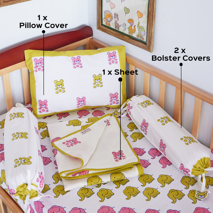Tiny Teddy Hand Block Printed Baby Bedding Cot Set