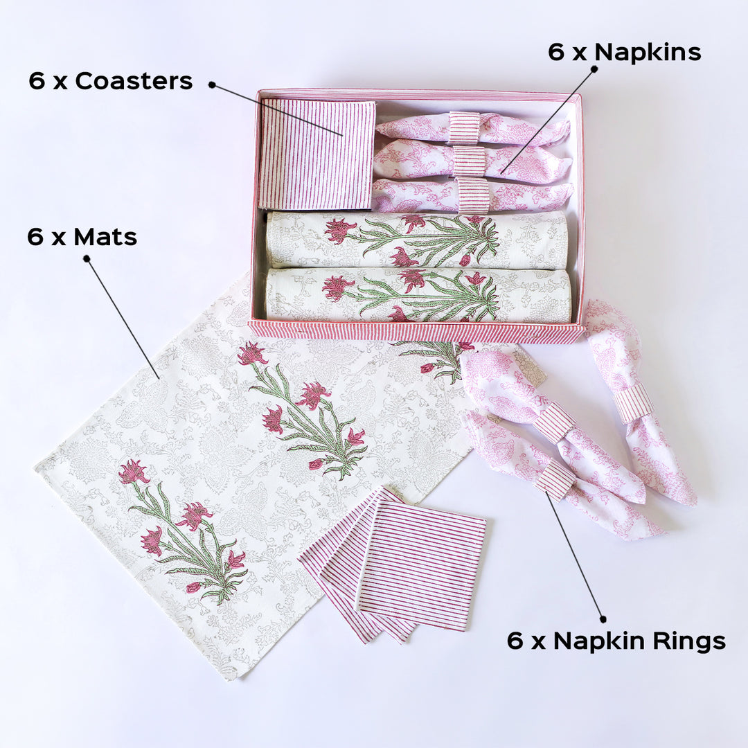Jasper Lily Hand Block Printed Table Linen Set