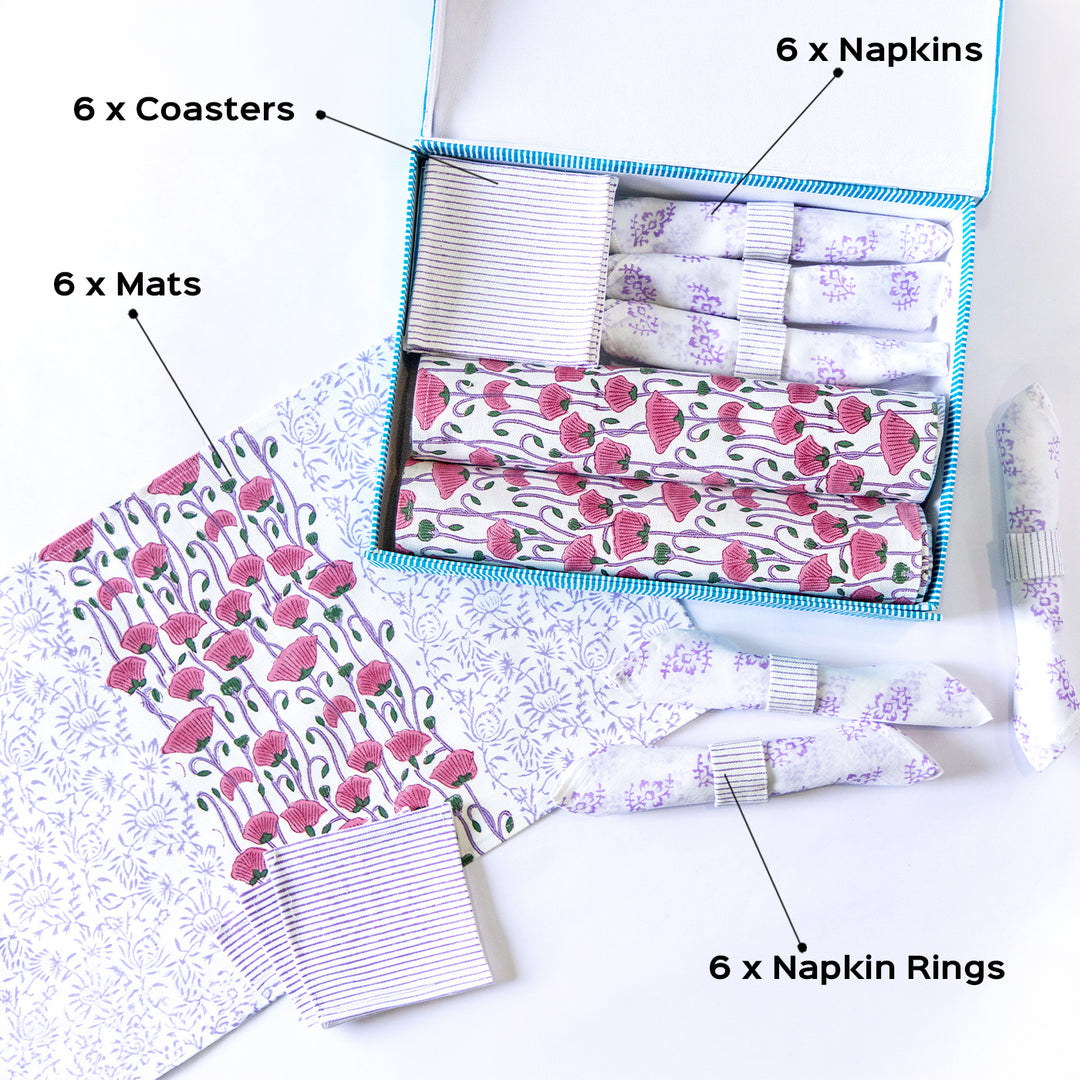 Purple Poppy Hand Block Printed Table Linen Set