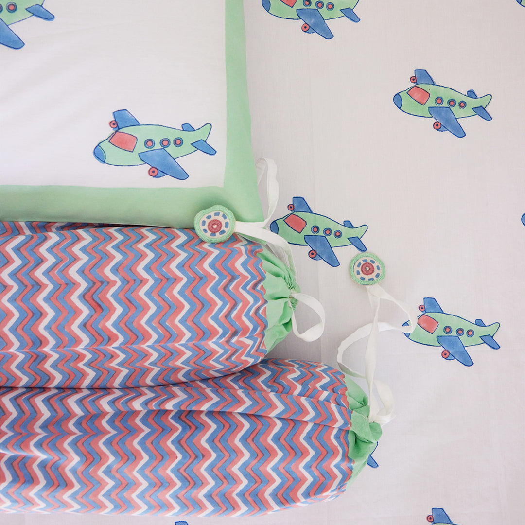 Flying Machine Hand Block Printed Baby Bedding Cot Set