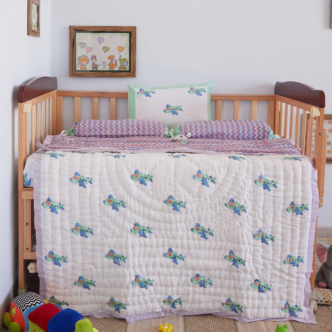 Flying Machine Hand Block Printed Baby Quilt