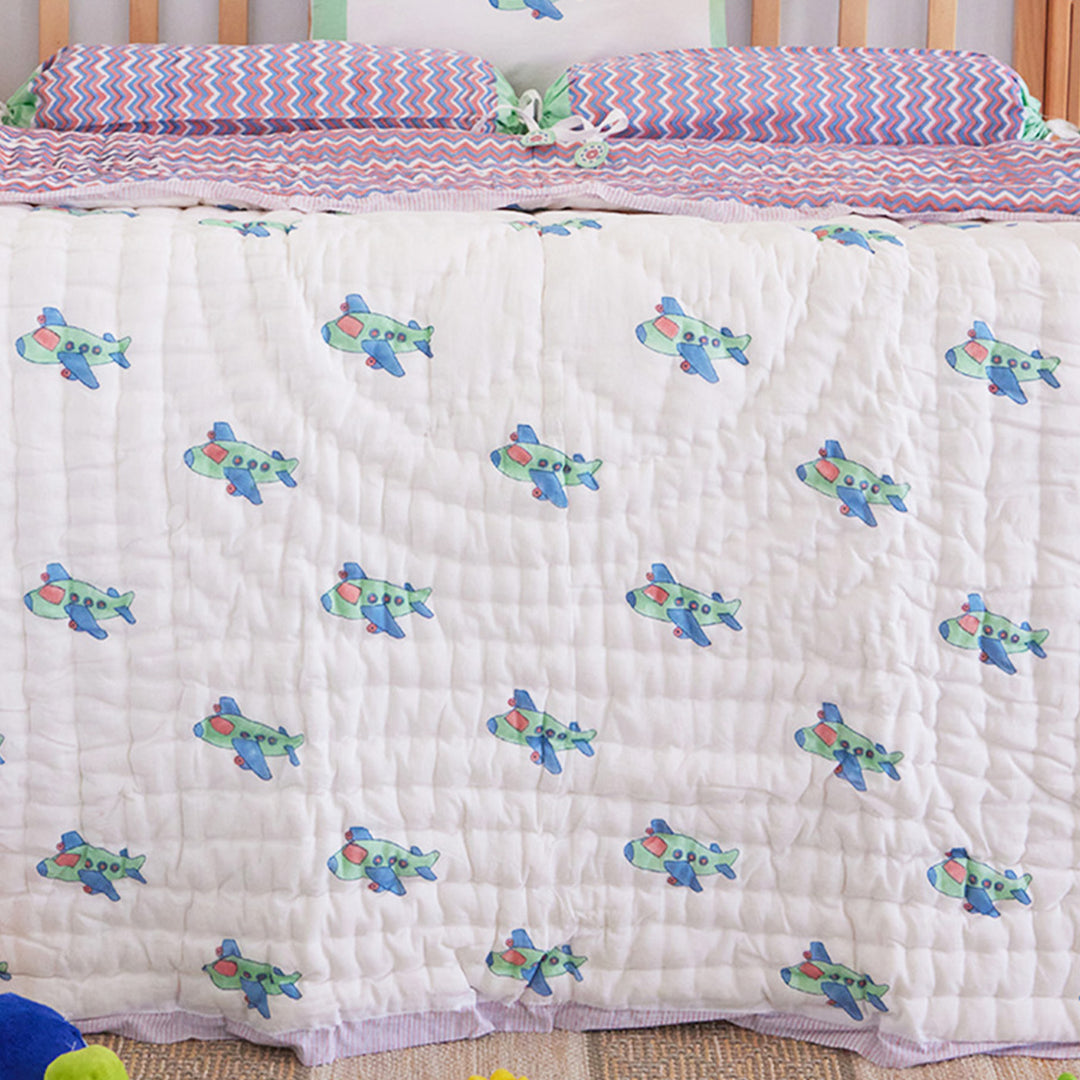 Flying Machine Hand Block Printed Baby Quilt