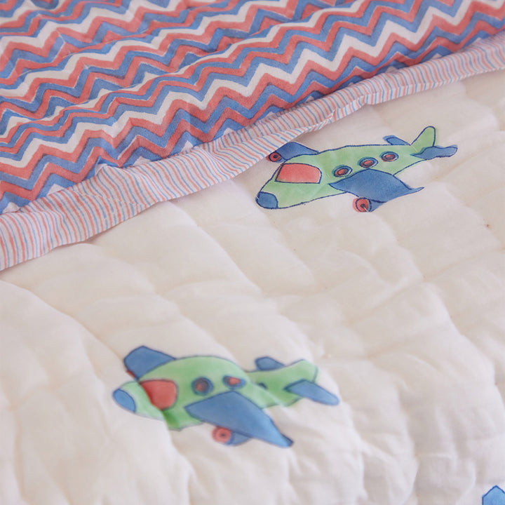 Flying Machine Hand Block Printed Baby Quilt