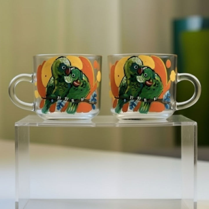 Hand-Painted Tota Couple Parrot Glass Tea Cups