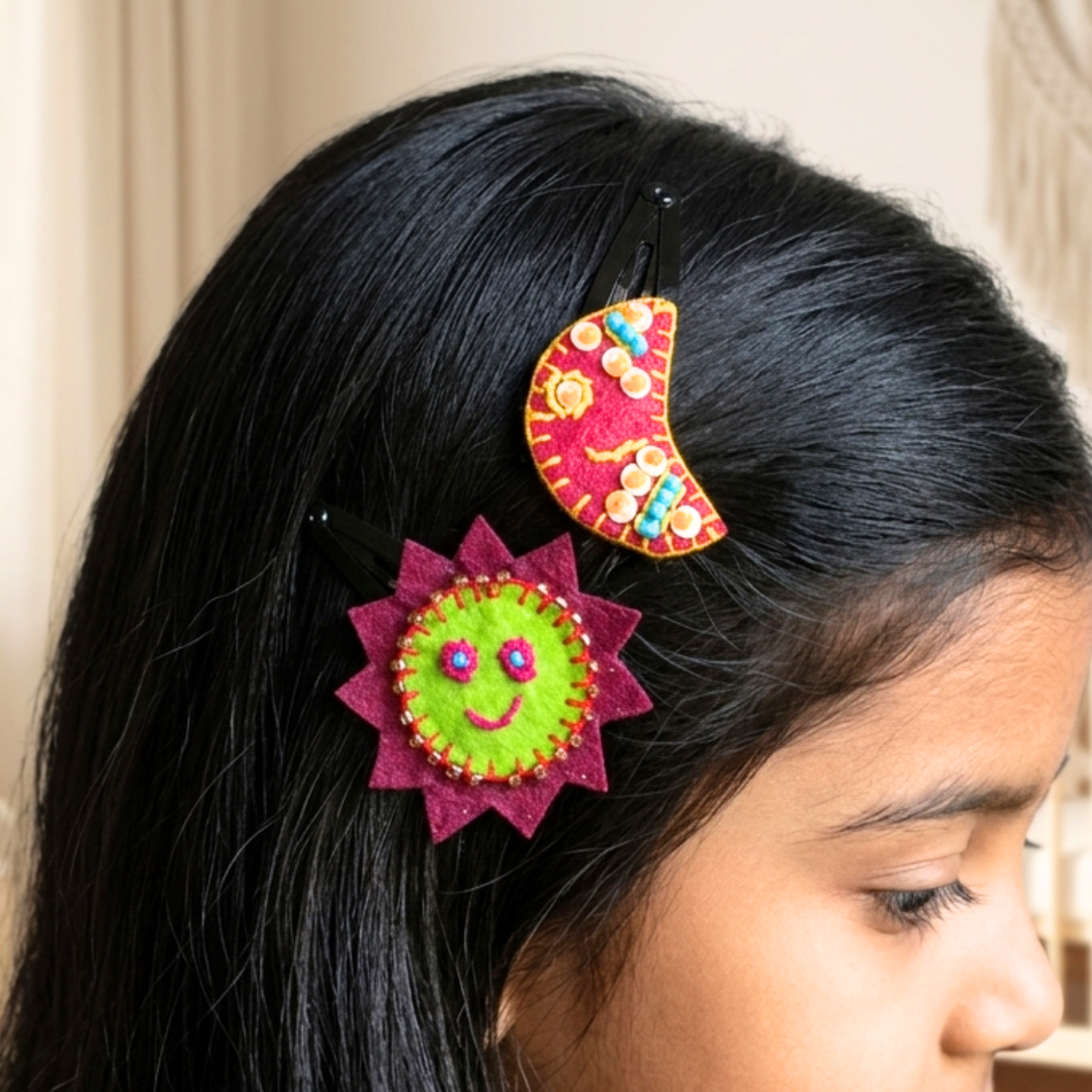 Handmade Maroon & Pink Sun Moon Hair Clips | Set of 2