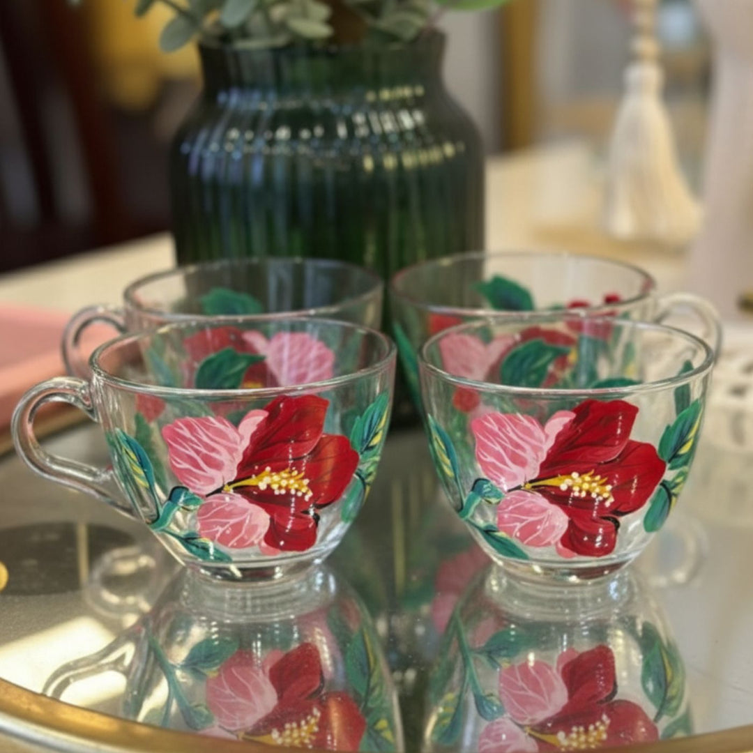Hand-Painted Hibiscus Conical Glass Tea Cups