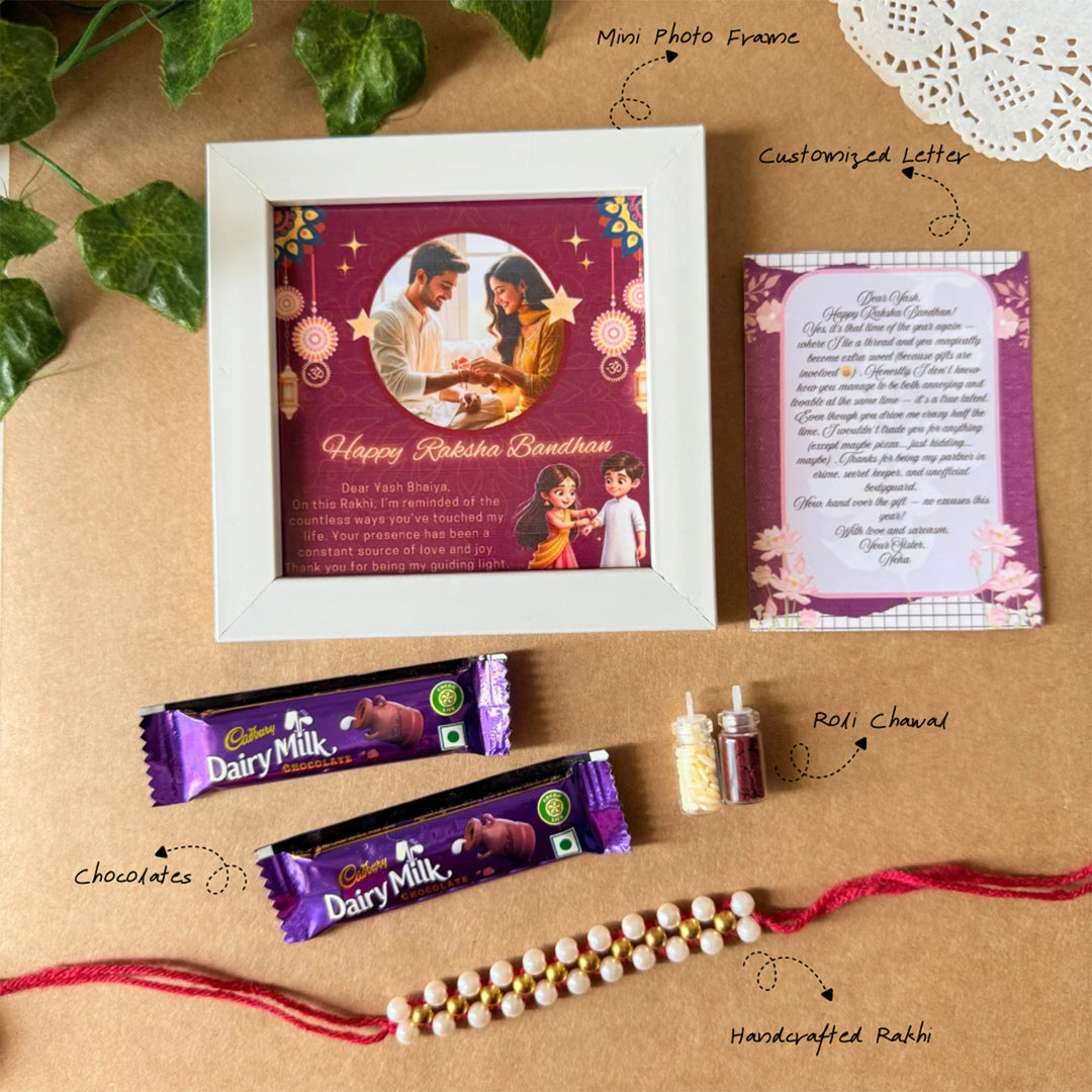 Rakhi Gift Hamper For Brother | Includes 1 Mini Photo Frame, 1 Rakhi, 1 Roli Chawal, 1 Letter And 2 Diary Milk